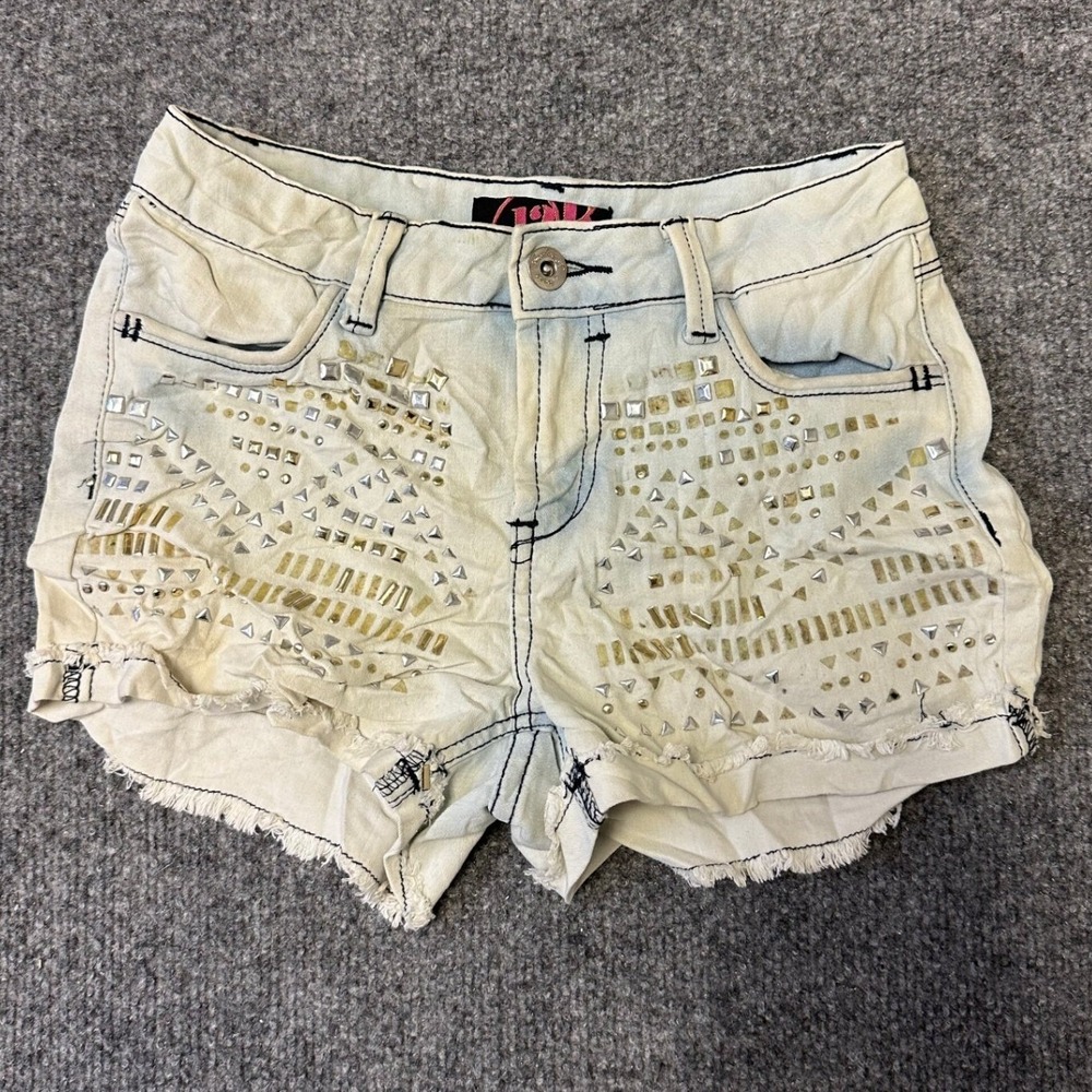 12K Shorts Womens Size 10 Light Wash Studded Embellished Raw Hem Denim Y2K